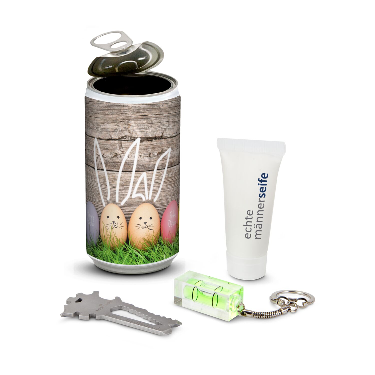 Geschenkset / Präsenteset: Männer-Geheimnis Ostern - Etikett Frohe Ostern - EierHasen