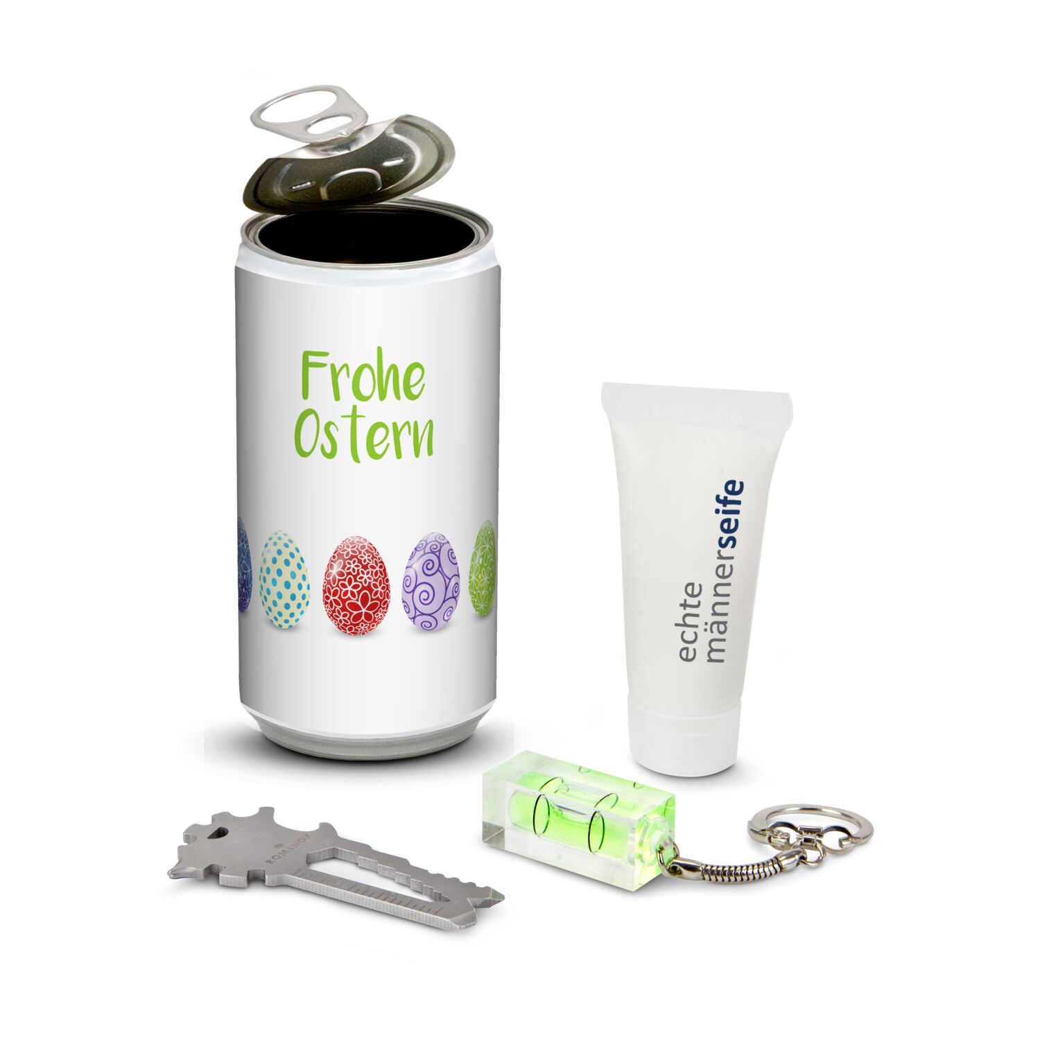 Geschenkset / Präsenteset: Männer-Geheimnis Ostern - Etikett Frohe Ostern - EierReihe