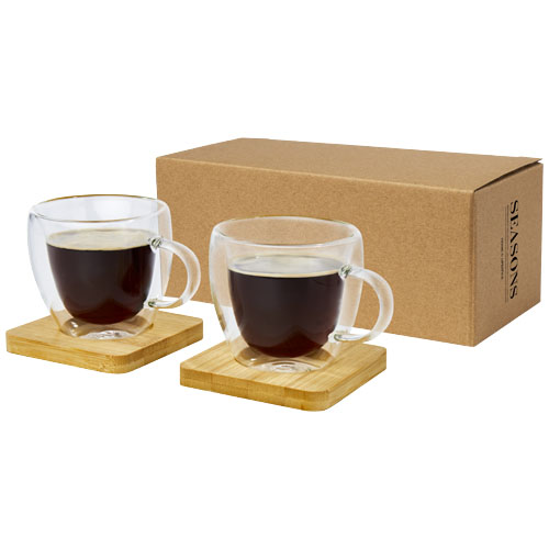 Manti 2-teiliger 100 ml doppelwandiger Glasbecher mit Bambusuntersetzer 
