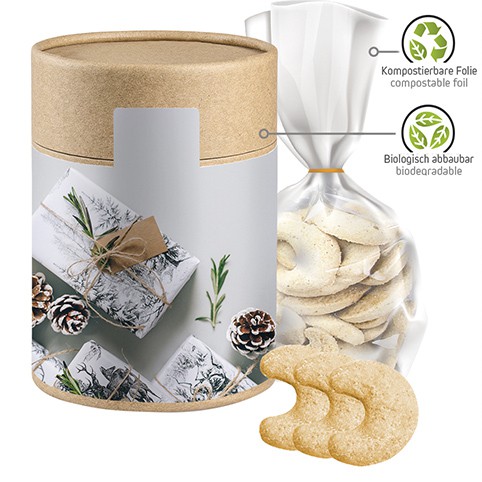 Vanillekipferl, ca. 100g, kompostierbarer Beutel in biologisch abbaubare Eco Pappdose Maxi