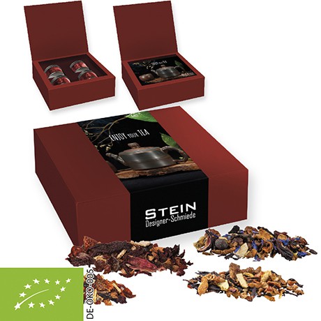 Verschiedene Weihnachts Teesorten, Bio und nicht-Bio, ca. 120g, Geschenk-Set Premium mit 4 Sichtfens